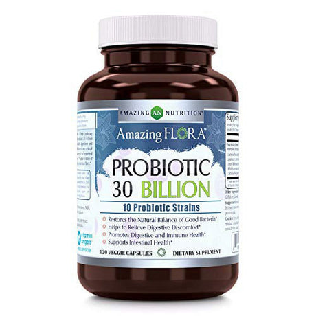 Amazing Flora Probiotic 10 Best Probiotics Strains Including Acidophilus, Plantarum, Rhamnosus Etc * Supports Digestive & Immune Health * Veggie Capsules (120 Count, 30 Billion)