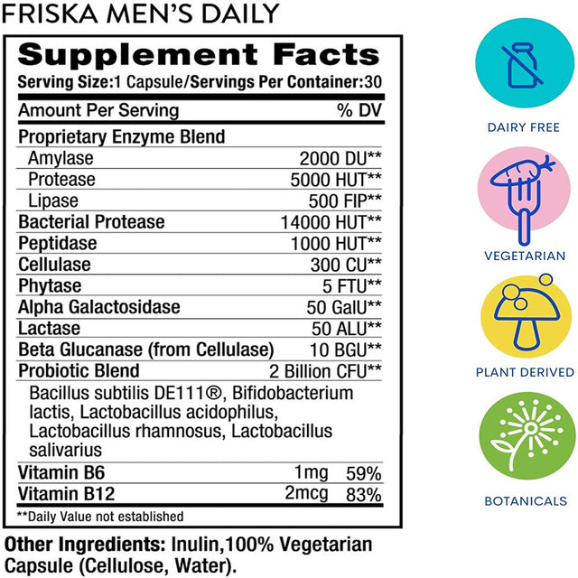 FRISKA Mens Daily, Digestive Enzyme and Probiotics Supplement, Lactase and B-Vitamins for Natural Digestion and Daily Male Health, 30 Capsules