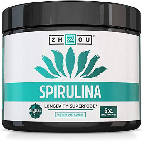 Zhou Spirulina Powder, Nutrient Rich Superfood, California Grown, 100% Pure, Vegan, Gluten Free, Non-Gmo, Non-Irradiated, Perfect for Smoothies, Juices, 48 Servings, 6 Oz