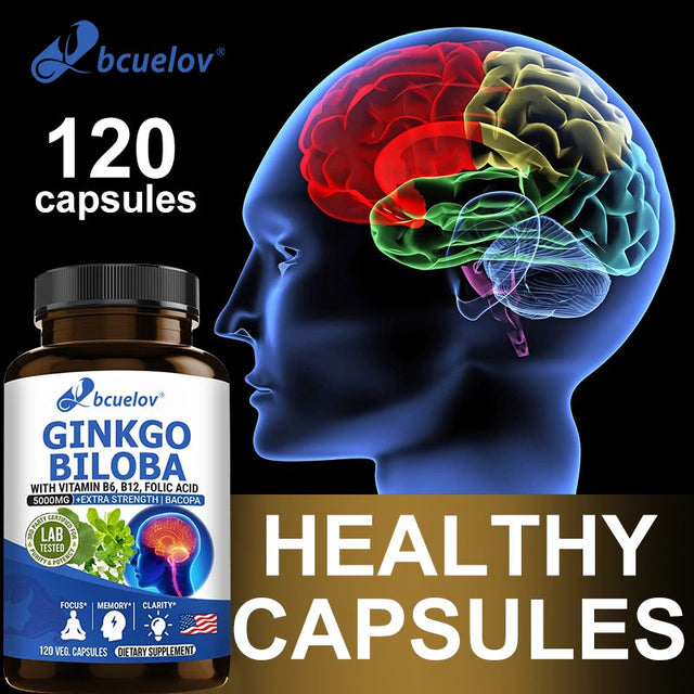 Ginkgo Biloba Supplement - with Vitamins B6 B12 - Standardized Extract 24% Ginkgo Flavonoid Glucosides 6% Terpene Lactones - Brain Memory Mental Clarity Alertness Energy Mood-60Capsules