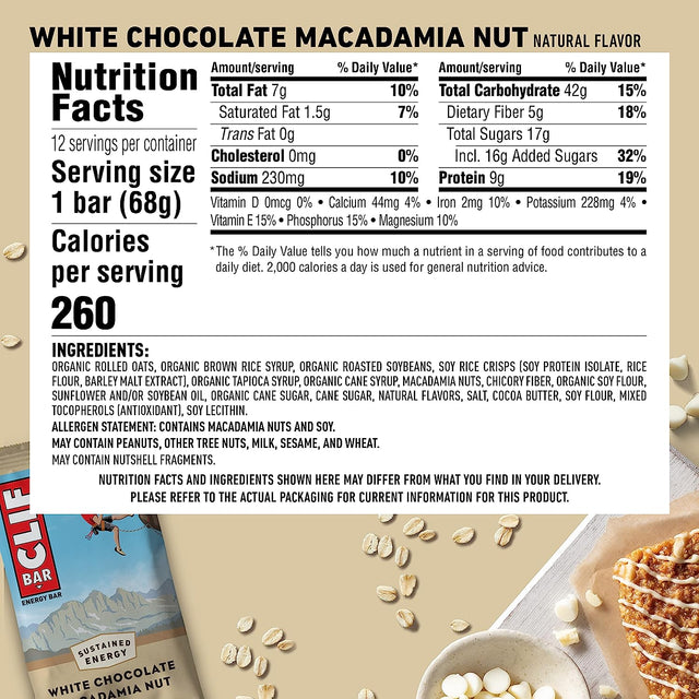 CLIF BARS - Energy Bars - White Chocolate Macadamia Nut Flavor - Made with Organic Oats - Plant Based Food - Vegetarian - Kosher (2.4 Ounce Protein Bars, 12 Count) Packaging May Vary