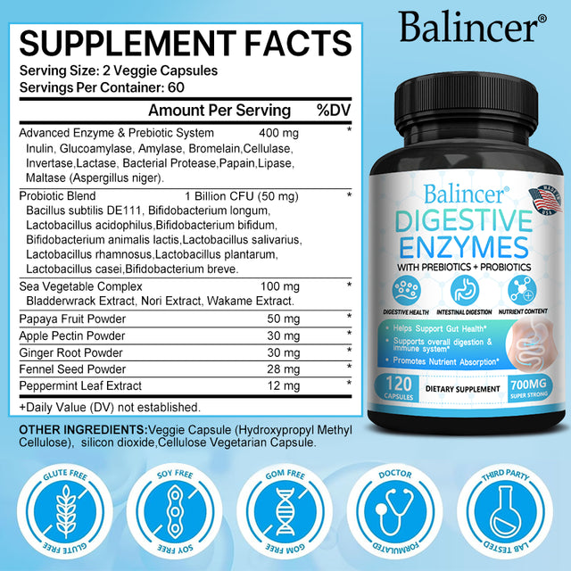 Balincer Digestive Enzyme Supplement - 700 Mg - Vegan Formula for Gut Health, Digestion and Immune Support