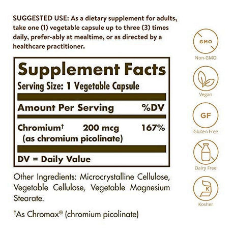 Solgar Chromium Picolinate 200 Mcg, 180 Vegetable Capsules - Supports Healthy Blood Sugar Metabolism - Non-Gmo, Vegan, Gluten Free, Dairy Free, Kosher - 180 Servings