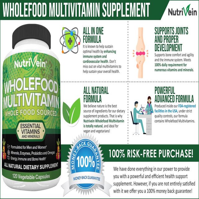 Nutrivein Whole Food Multivitamin - Complete Daily Vitamins for Men and Women - 120 Capsules