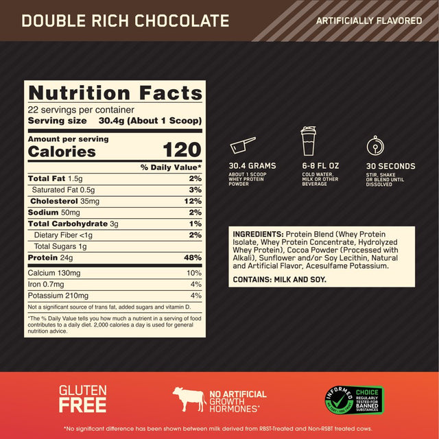 Optimum Nutrition Gold Standard 100% Whey, Double Rich Chocolate, Protein Powder, 22 Servings