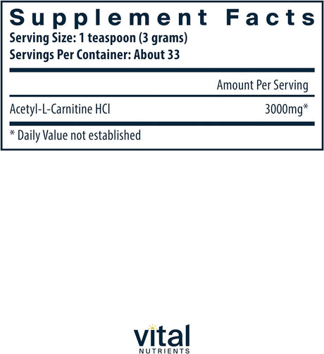 Vital Nutrients - Acetyl L-Carnitine Powder - Supports Normal Brain Function and Memory - Vegetarian - 100 Grams - 3000 Mg