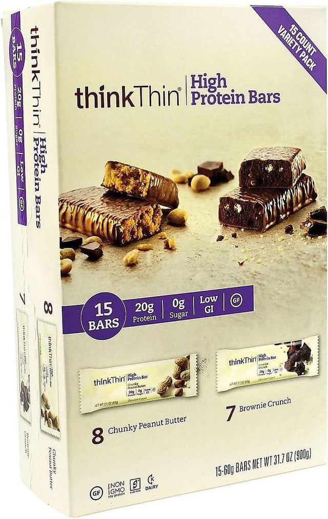 Think Thin, 15 Bars - 8 Chunky Peanut Butter, 7 Brownie Crunch