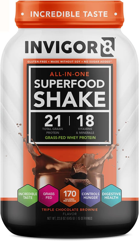 INVIGOR8 Superfood Shake (Chocolate Brownie) with Immunity Boosters - Gluten-Free and Non GMO Meal Replacement Grass-Fed Whey Protein Shake with Probiotics and Omega 3 (645G)