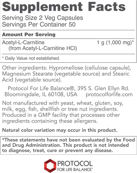 Protocol Acetyl-L-Carnitine 500Mg - Supports Energy, Brain & Mitochondrial Health* - Brain Pills - Amino Acid - Made without Gluten, Non-Gmo, Vegan - 100 Veg Caps