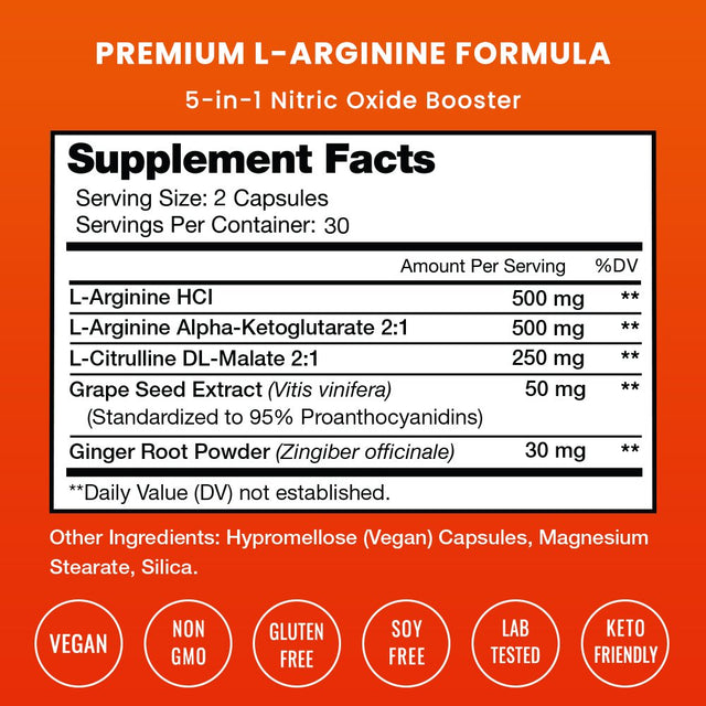 Nutrachamps Premium L Arginine Supplement | 5-In-1 Nitric Oxide Supplement | L-Arginine Powder & L Citrulline Enhanced with Grape Seed & Ginger | Energy, Blood Flow, Heart Health & Stamina | 60 Count