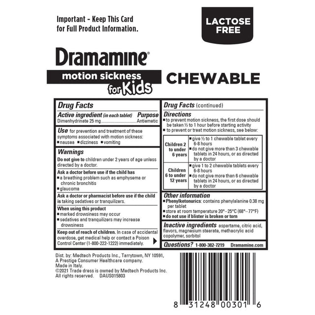 Dramamine Kids Chewable, Motion Sickness Relief, Grape Flavor, 8 Count