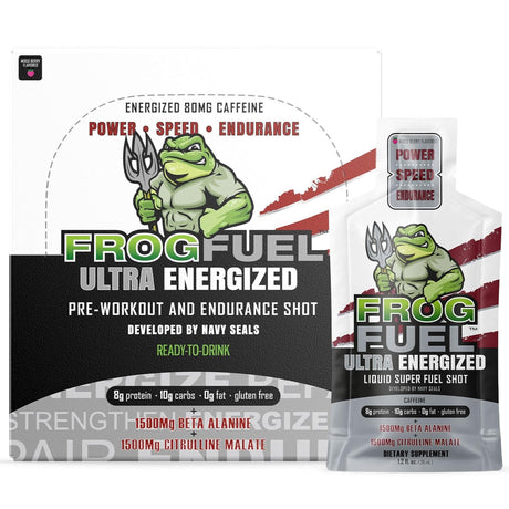 Frog Fuel Ultra Energized Pre Workout Shot, 80Mg Caffeine, 1500Mg Beta Alanine, Electrolytes 8G Protein Nano-Hydrolyzed Grass Fed Collagen, 10G Carbs, Gluten Free, Berry, 1.2 Oz Packets, 24 Pack