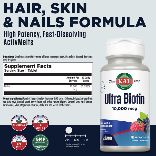 KAL Ultra Biotin 10,000 Mcg Activmelts | Healthy Hair Growth Formula, Skin & Nail Health Support | 60 Tablets