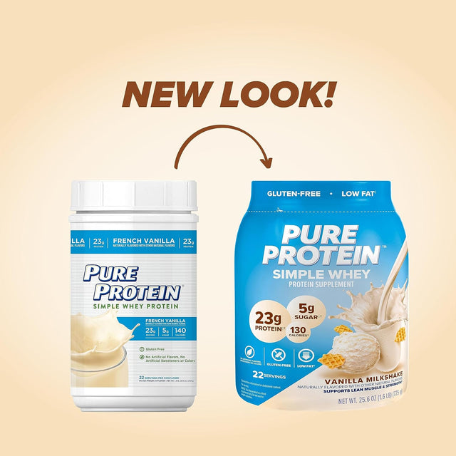 Pure Protein Simple Whey Powder - High Protein, Low Sugar, Gluten-Free, French Vanilla Flavor - 1.6 Lbs