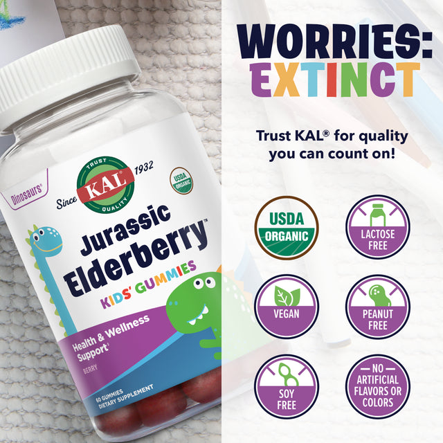 KAL Jurassic Elderberry Kids Gummies | Healthy Immune Support | USDA Organic, Vegan, Gluten Free | 30 Serv, 60 Ct