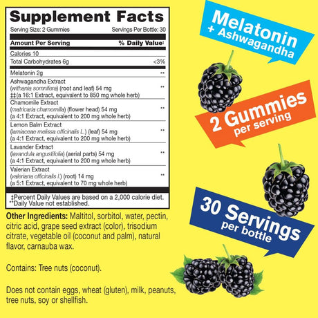 Wellyeah Melatonin (2Mg) with Ashwagandha (850Mg) Sugar Free Gummies - Sleep Aid & Stress Relief Supplement - with Chamomile, Lemon Balm, Lavender, and Valerian - Natural Blackberry Flavor - 60 Count