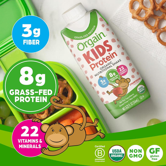 Orgain Organic Kids Nutritional Protein Shake, Strawberry - Kids Snacks with 8G Dairy Protein, 22 Vitamins & Minerals, Fruits & Vegetables, Gluten Free, Soy Free, Non GMO, 8.25 Fl Oz (Pack of 12)