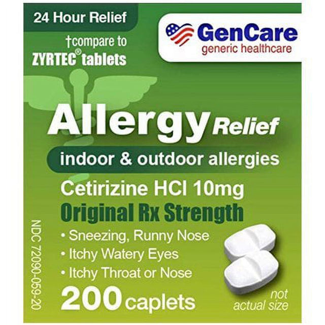 Gencare Cetirizine HCL 10 Mg (200 Count) | 24 Hour Non Drowsy Allergy ...