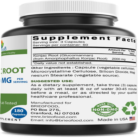 Brieofood Konjac Root Glucomannan 2000 Mg per Serving - 180 Vegetarian Capsules