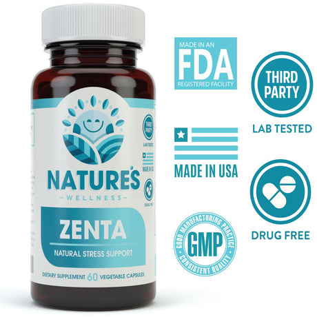 ZENTA - the Natural Relief Supplement to Help Calm Body and Mind | Positive Mood Enhancer - Increase Serotonin Levels with GAB, 5-HTP, Ashwagandha, Chamomile, DMAE | 60 Ct