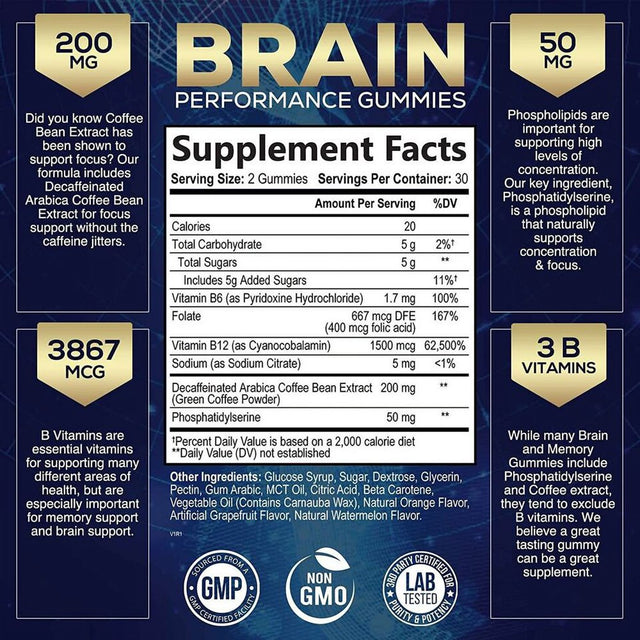 Brain Support Focus Supplement Gummies - Brain Booster - 60 Gummies