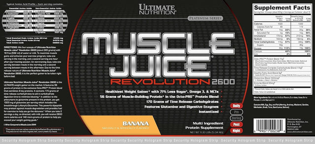 Ultimate Nutrition Muscle Juice Revolution 2600 Weight Gainer, Muscle Recovery with Glutamine, Micellar Casein and Time Release Complex Carbohydrates, Banana Protein Powder, 11.1 Pounds