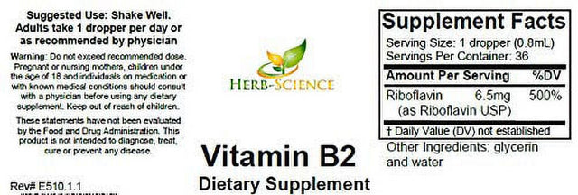 Herb-Science Vitamin B2 (Riboflavin), Alcohol-Free Liquid Drops Extract Support Digestion, Maintain Proper Energy Levels, Boost Collagen Production for Healthy Hair, Nails, Skin and More