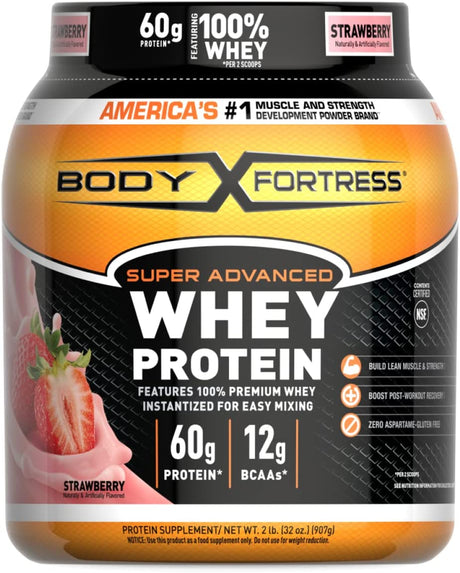 Body Fortress Whey Protein Powder, Strawberry Flavored, Gluten Free, 60 G Protein per Serving, 2 Lbs