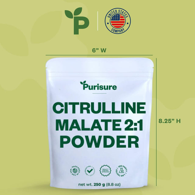 Purisure L-Ctrulline Powder 250G, Premium Citrulline 2:1 Malate Supplement for Strength Performance and Energy, Pre-Workout Citrulline Malate Powder - Enhance Muscle Pumps and Recovery - 83 Servings