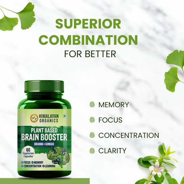 Plant Based Brain Booster Supplement with Ginkgo Biloba | Healthy Brain | Stress Relief | Improve Focus - 60 Veg Capsules