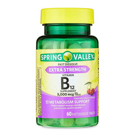 Spring Valley Extra Strength Vitamin B12 Fast Dissolve Tablets, Cherry, 5,000 Mcg, 60 Count
