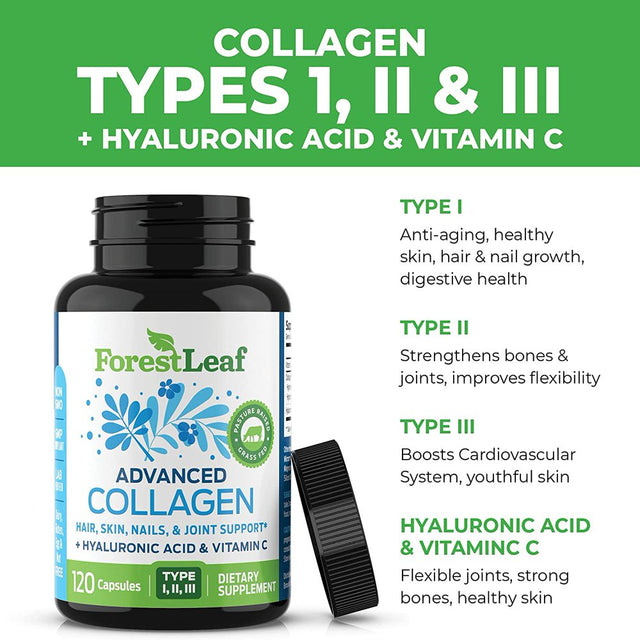 Forest Leaf Collagen Pills Collagen Peptides with Hyaluronic Acid & Vitamin C, 120-Count