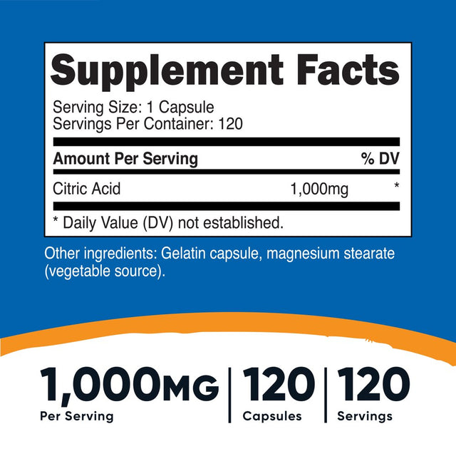 Nutricost Citric Acid 1000Mg (1 Gram), 120 Capsules - Gluten Free, Non-Gmo Supplement