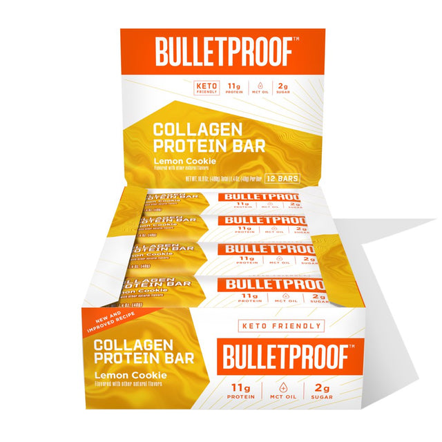 Collagen Protein Bars, Lemon Cookie, 11G Protein, 12 Pack, Bulletproof Grass Fed Healthy Snacks, Made with MCT Oil, 2G Sugar, No Added Sugar