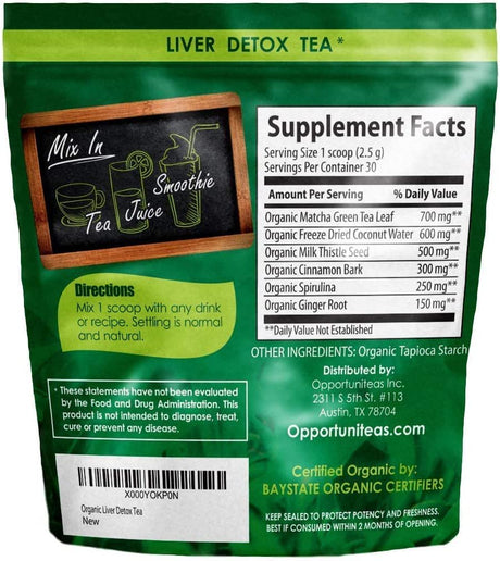 Opportuniteas Liver Detox Tea Matcha Green Tea, Milk Thistle, Spirulina Organic Vegan Superfood Powder 30 Servings