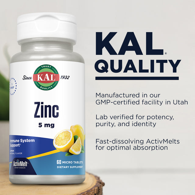 KAL Zinc 5 Mg Activmelt | Sweet Lemon Flavor | Healthy Protein Synthesis, Growth, Taste Acuity & Immune System Function Support | 60 Micro Tablets