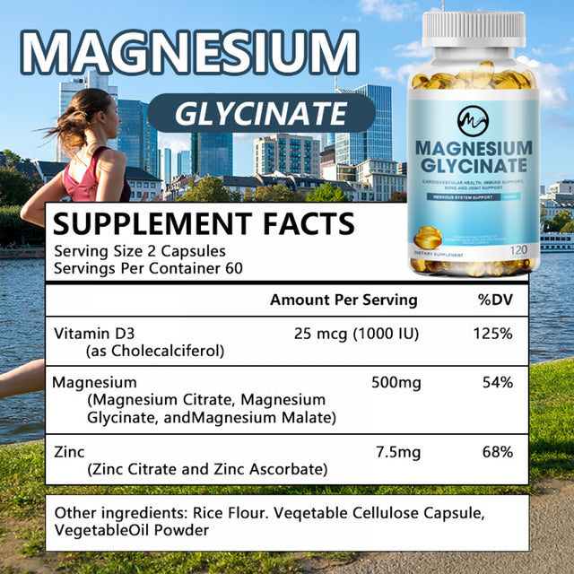 Minch Magnesium Glycinate Capsules 500Mg,With Vitamin D3 & Zinc Support Bone and Joint,Immune System,Heart Health,Help Sleep,120 Capsules