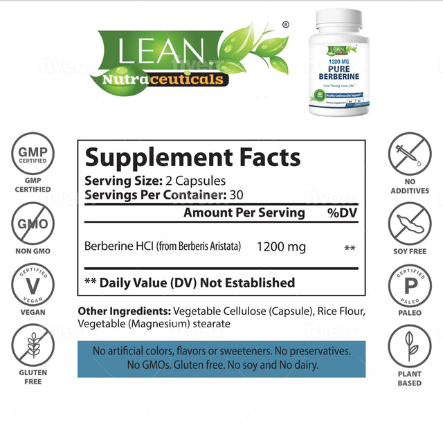 Lean Nutraceuticals Berberine 1200Mg 60 Capsules Supplement - Support Blood Sugar & Cholesterol Levels Already Whithin Normal Range