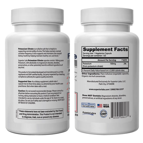#1 Quality Potassium Citrate by Superior Labs - 100Mg, 120 Vegetable Caps - Made in USA, 100% Money Back Guarantee