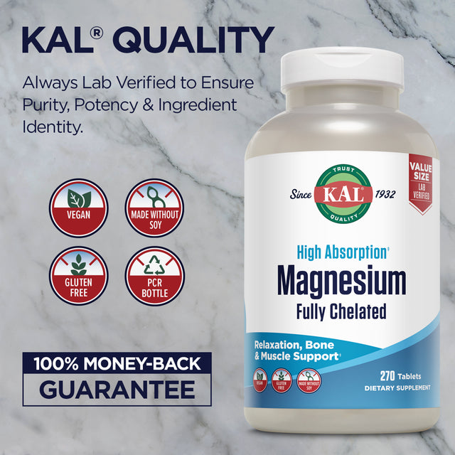 KAL Magnesium Glycinate 315Mg, Fully Chelated, High Absorption Magnesium Supplement for Stress, Relaxation, Muscle & Bone Health Support, Vegan, Gluten Free, Value Size, 90 Servings, 270 Tablets