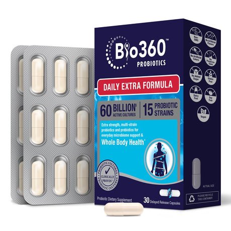 Bio360 Probiotics Daily Extra Formula, Daily Vegan Prebiotics & Probiotics for Extra Support, 30 Ct