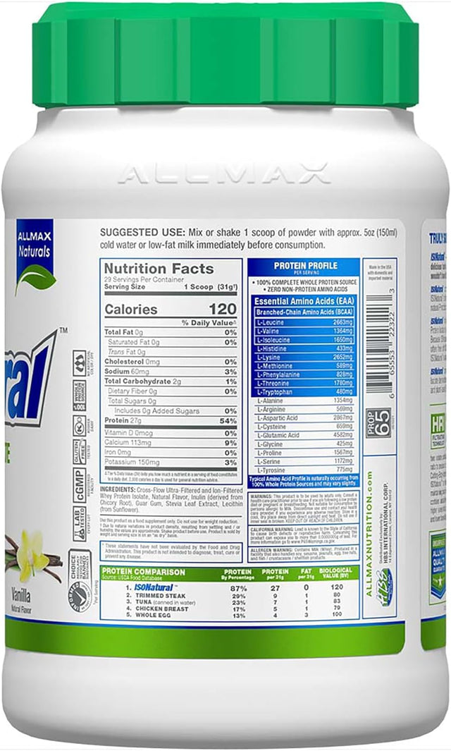 ALLMAX ISONATURAL Whey Protein Isolate, Vanilla - 2 Lb - 27 Grams of Protein per Scoop - Zero Fat & Sugar - 99% Lactose Free - with Prebiotics - No Artificial Flavors - Approx. 29 Servings