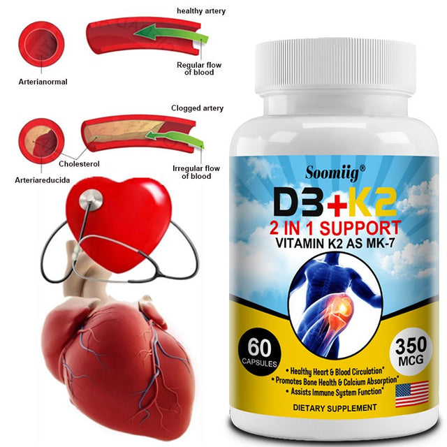 Soomiig D3+K2 Supplement 2-In-1 Supports Vitamin K2 as MK-7 to Support Heart, Blood Circulation, Bones, Colon Absorption