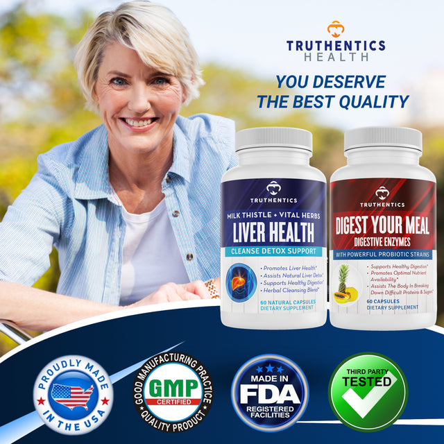 Truthentics Liver Support plus Digestive Enzymes Probiotic Bundle - Liver Cleanse Detox Digestion Support - 60 Capsules Each