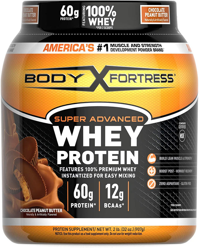 Body Fortress Whey Protein Powder, Chocolate Peanut Butter Flavored, Gluten Free, 60 G Protein per Serving, 2 Lbs