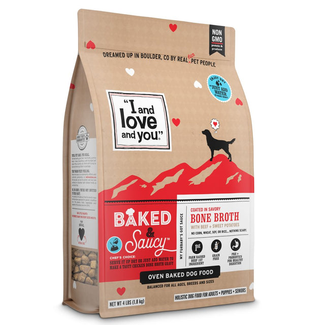 "I and Love and You" Baked and Saucy Dry Dog Food with Gravy Coating, Beef and Sweet Potato Recipe, Grain Free, Coated in Bone Broth, Prebiotics and Probiotics, Real Meat, No Fillers, 10.5 Lb Bag