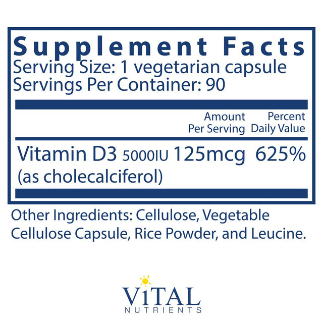 Vital Nutrients - Vitamin D3 - Supports Calcium Absorption and Bone Health - 90 Vegetarian Capsules per Bottle - 5,000 IU