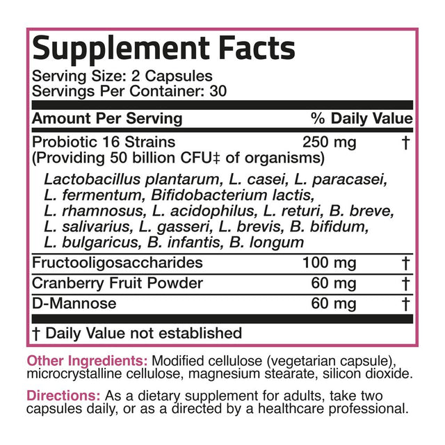 Bronson Women'S Probiotic 50 Billion CFU + Prebiotic with Cranberry & D-Mannose - Healthy Digestion, Immune Function and Urinary Tract Support, Non-Gmo, 60 Vegetarian Capsules