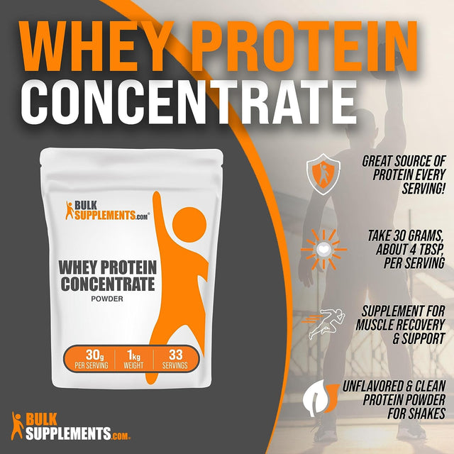 Bulksupplements.Com Whey Protein Concentrate - Whey Protein Powder - Protein Powder Unflavored - Low Calorie Protein Powder - Protein Powder for Muscle Gain (1 Kilogram - 2.2 Lbs)