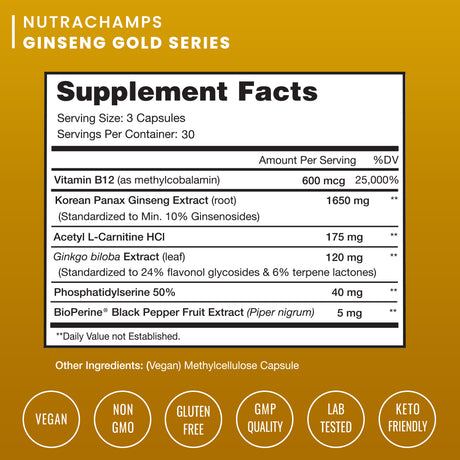 Nutrachamps Korean Red Panax Ginseng [Gold Series] Double Strength Root Extract 10% Ginsenosides Energy & Focus Pills with Ginkgo Biloba, Vitamin B12, Acetyl L-Carnitine & Bioperine - Vegan Capsules